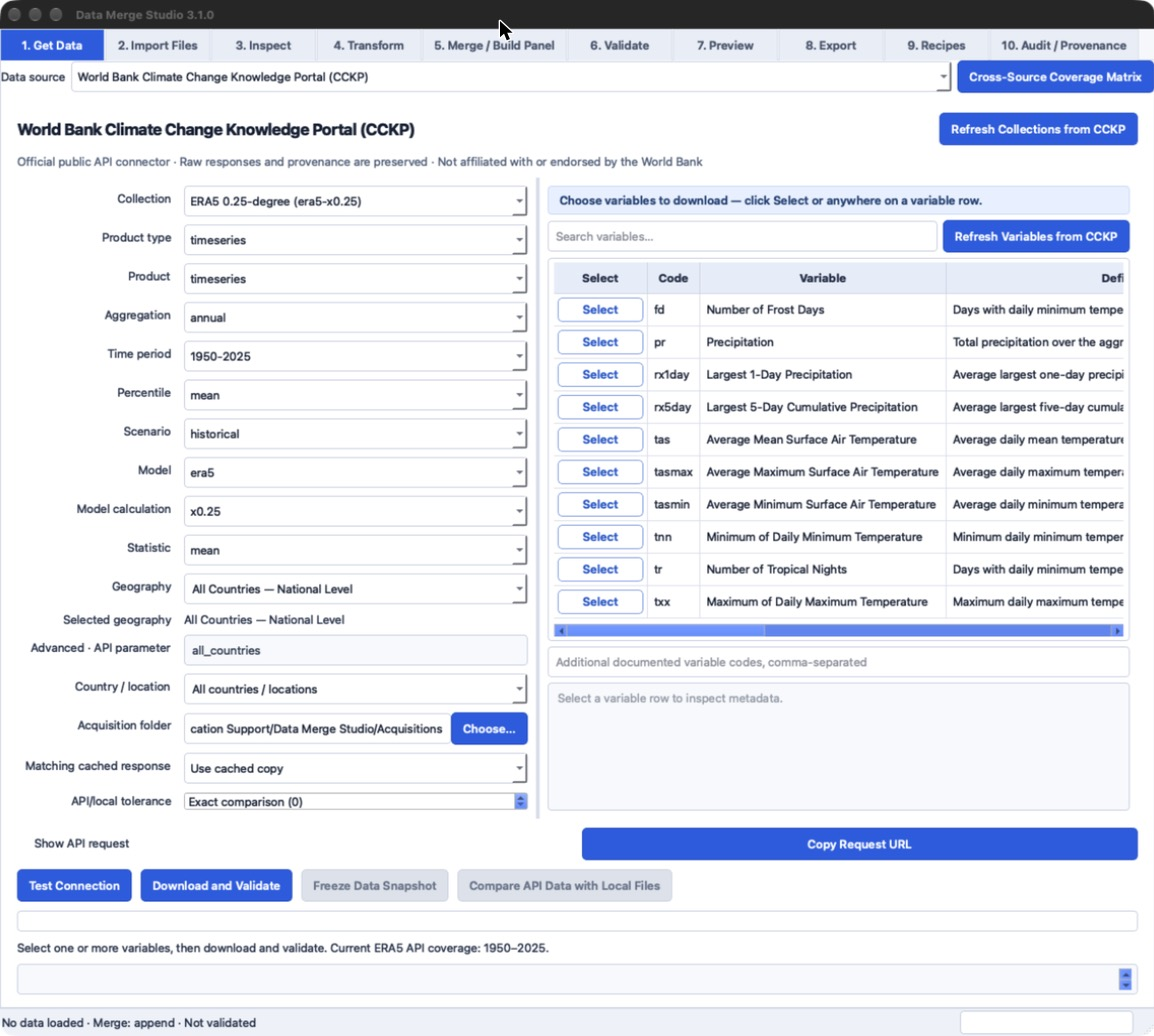 Data Merge Studio's Get Data tab: a provider chosen, indicators searched and selected, countries picked, and the cross-source coverage matrix below