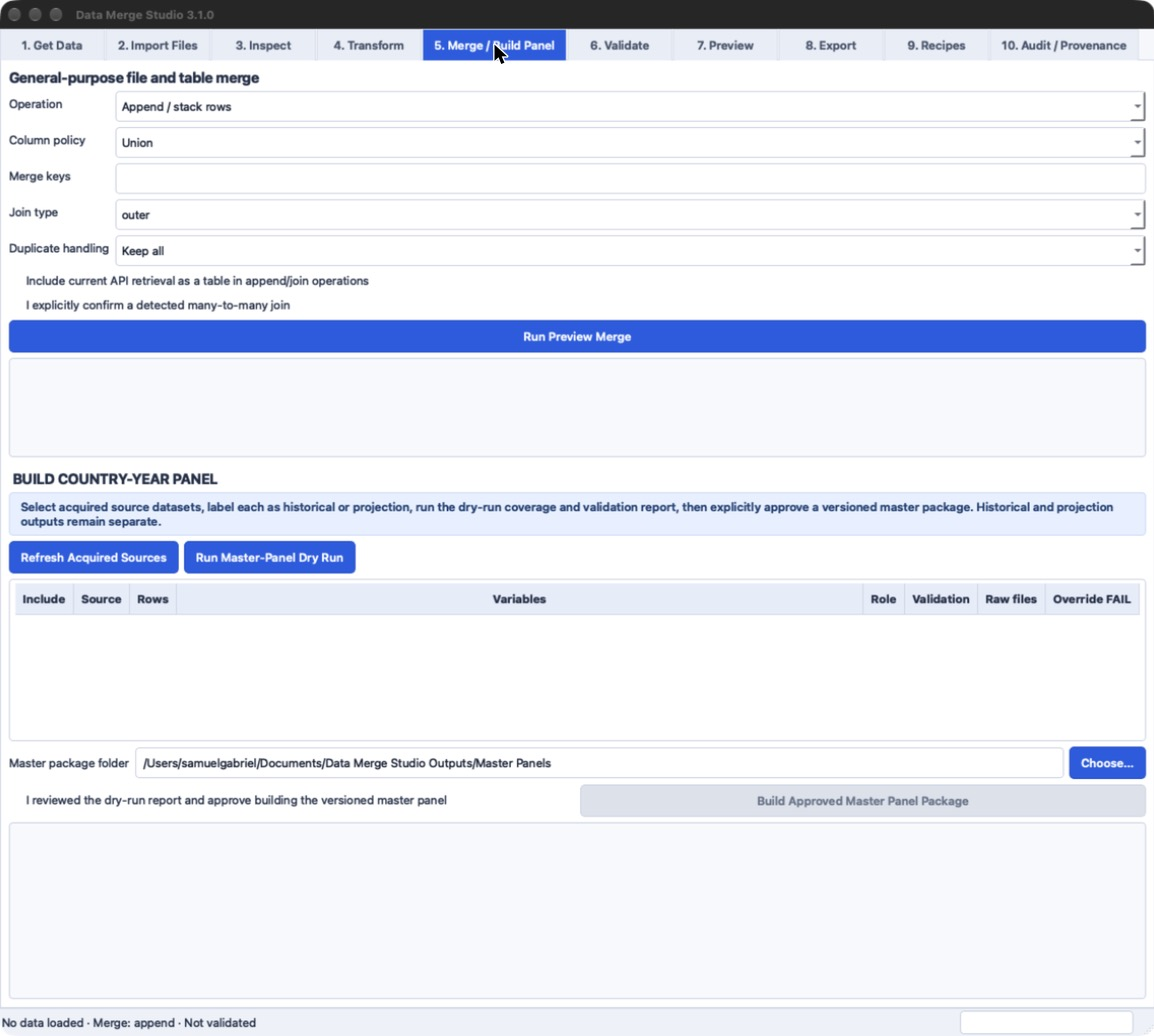 The Merge / Build Panel tab: sources listed with their roles, the dry-run report and the Build Master Panel button