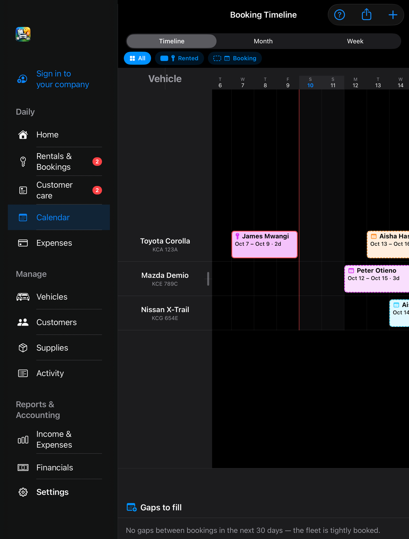 The booking timeline on an iPad: one row per car, with rentals and bookings as coloured bars across the days