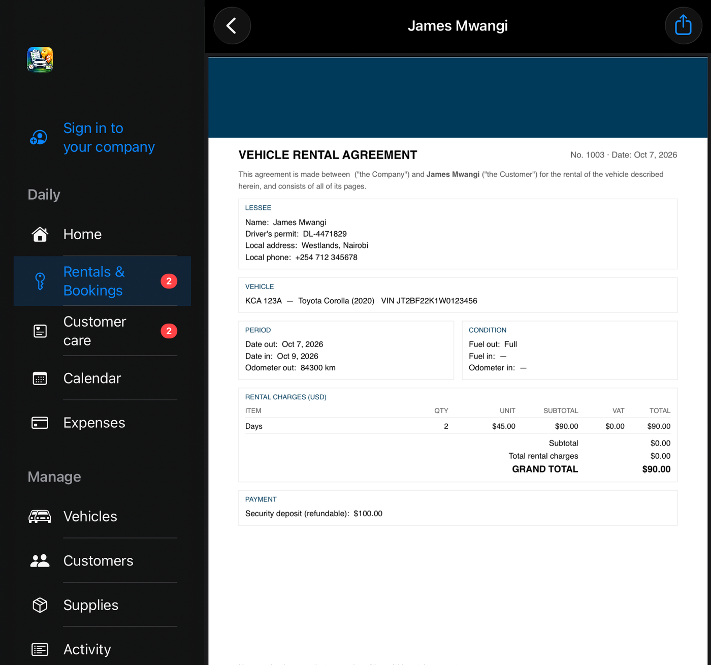A filled-in rental agreement shown in the app: lessee, vehicle, period, charges and the customer's signature