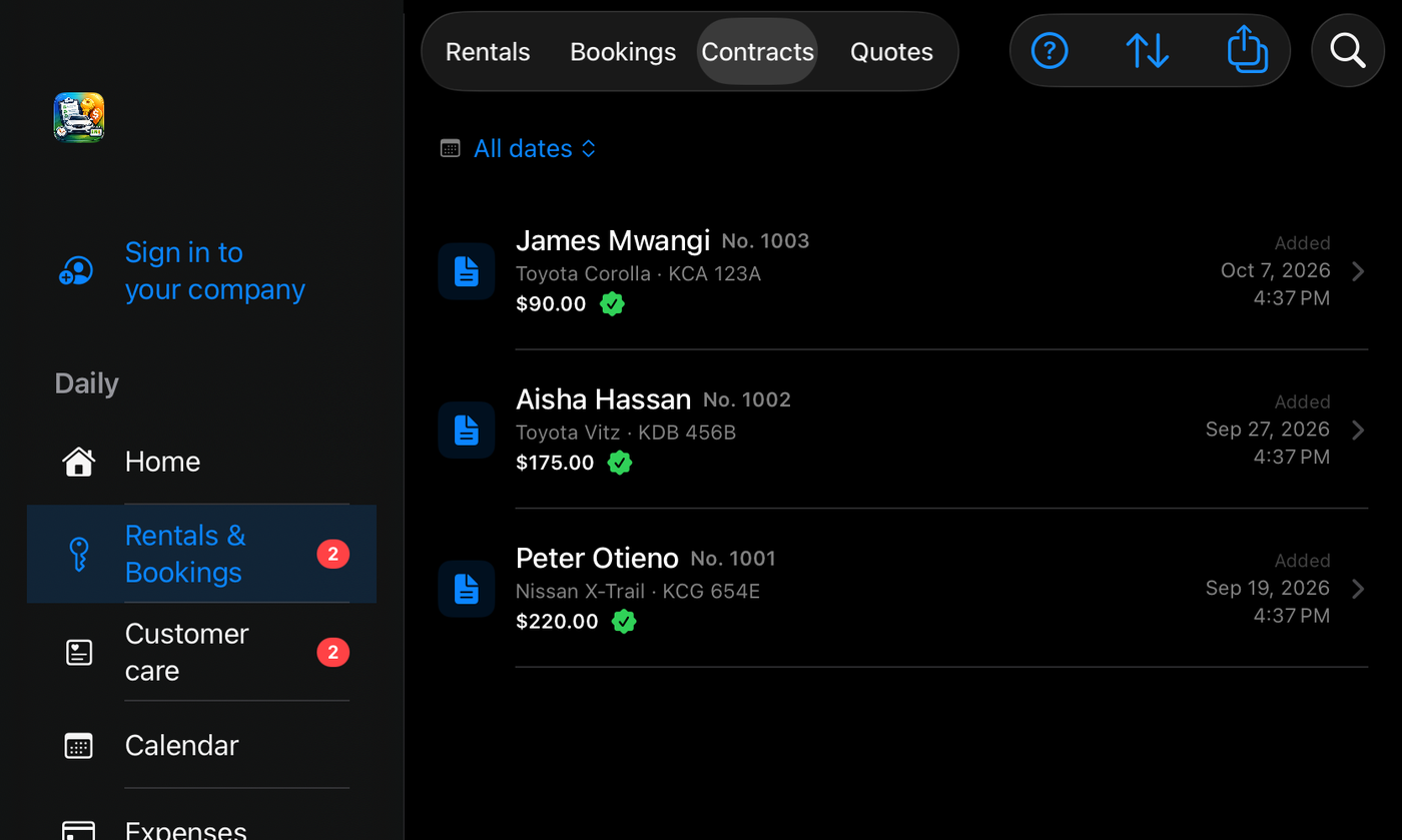 The Contracts list on an iPad: each contract with its number, customer, car, total and a signed tick