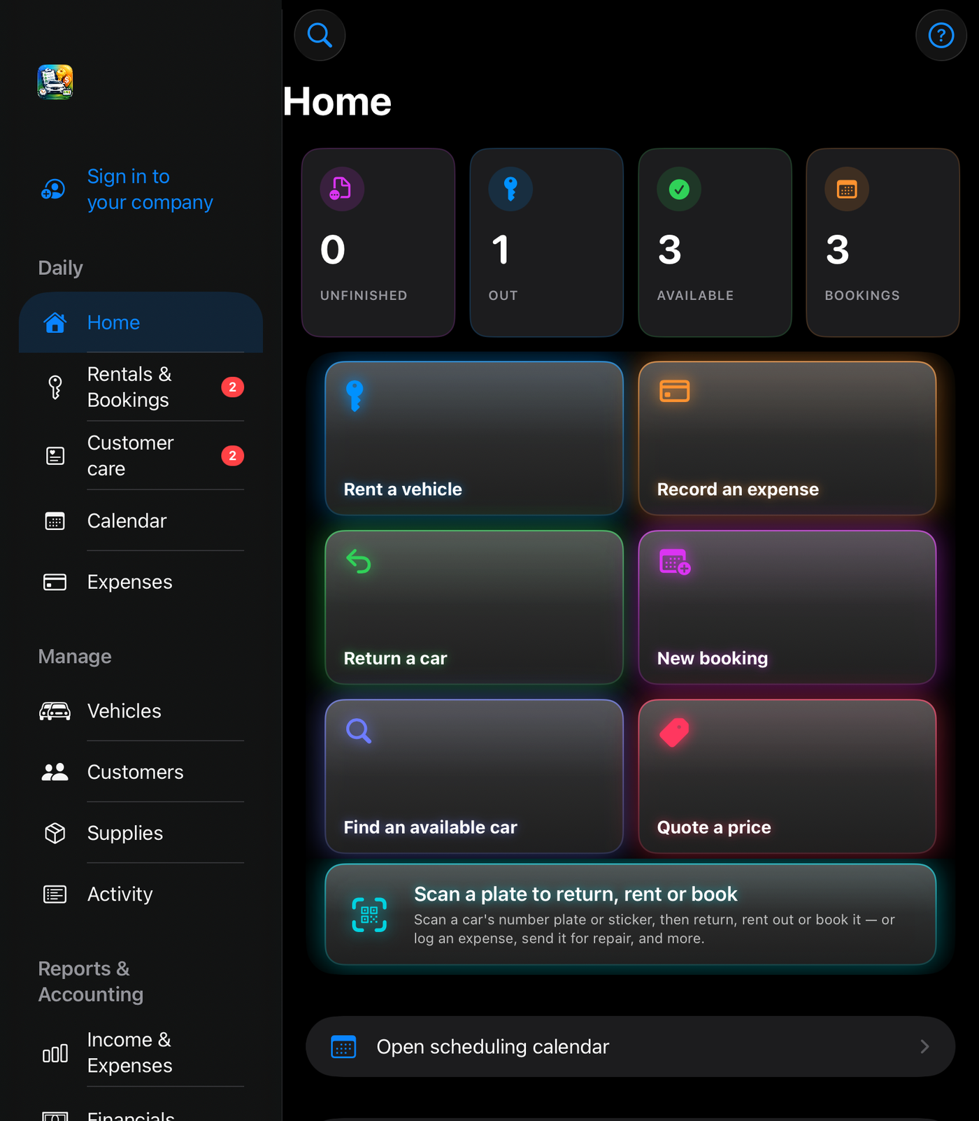 Mabele Rental Manager's Home screen on an iPad: today's counts, Rent a vehicle, Return a car, New booking and Quote a price