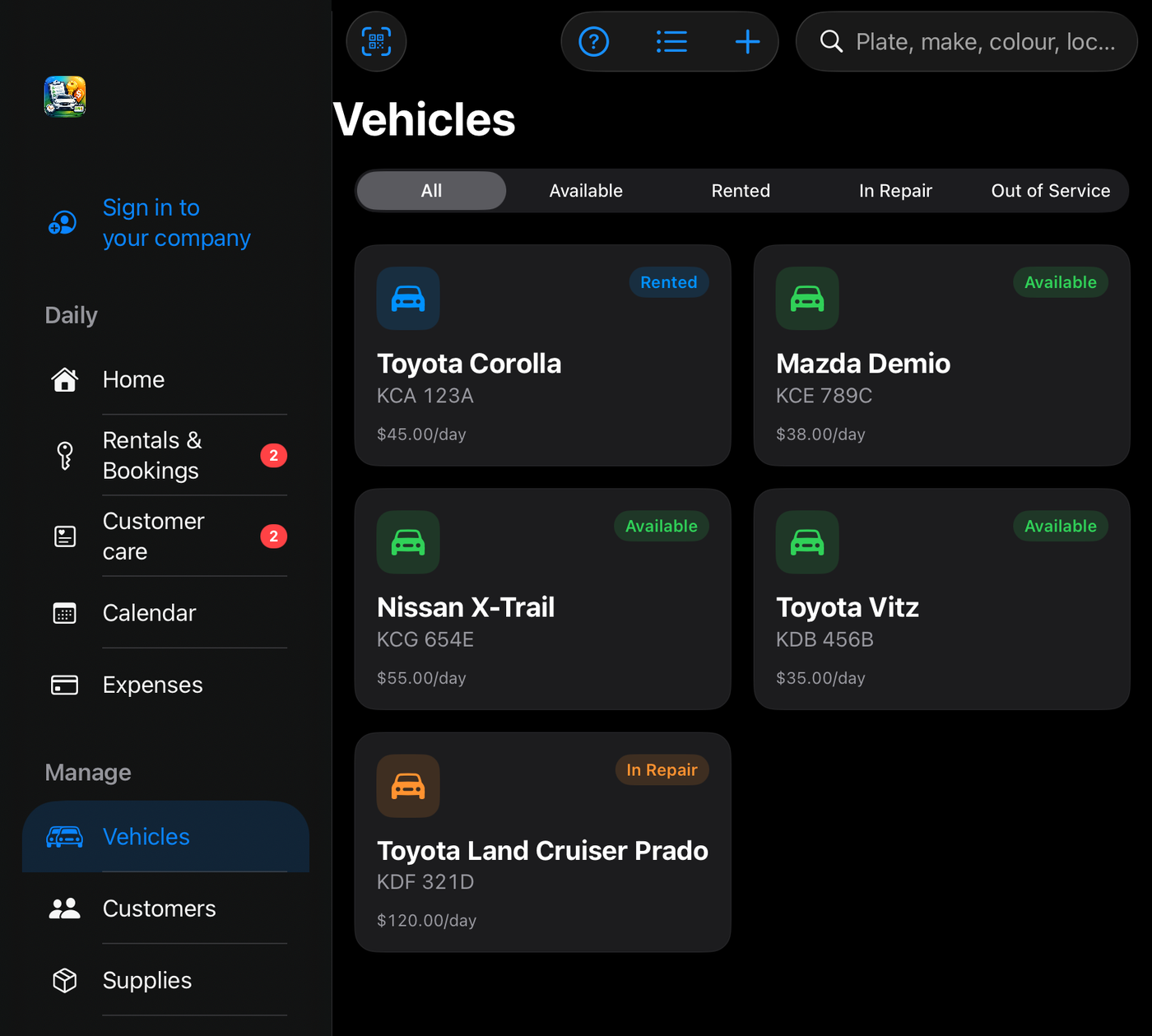 The Vehicles screen on an iPad: cars as cards with their status, plate and daily rate